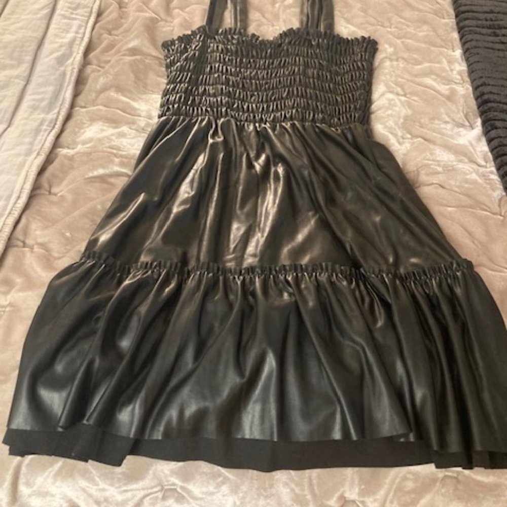 AQUA BLK FAUX LEATHER SMOCKED FIT AND FLARE MINI DRESS